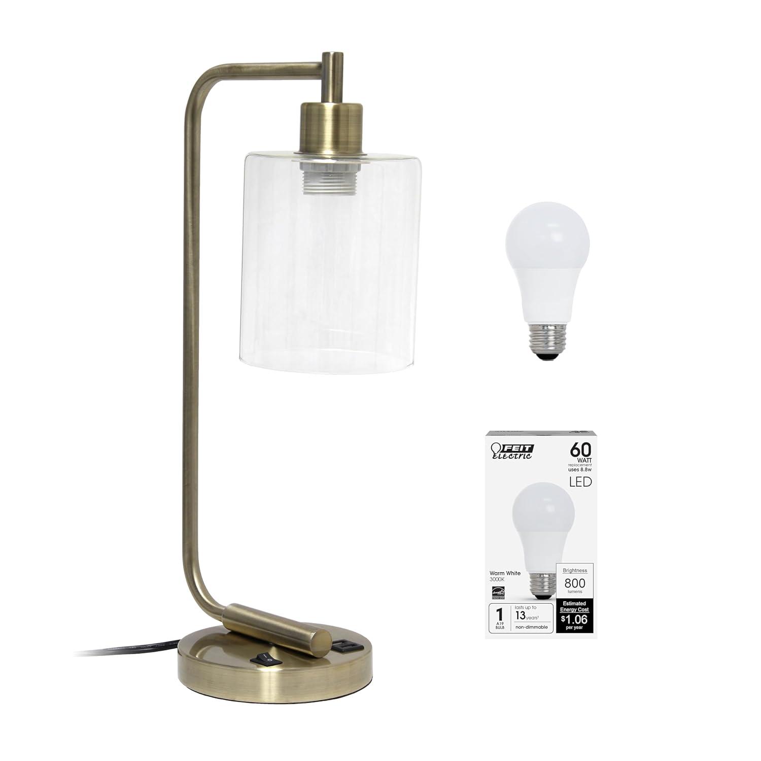 Modern Iron Desk Lamp with USB Port and Glass Shade Antique Brass Finish - Lalia Home: ETL Listed, No Assembly, Edison Bulb Compatible