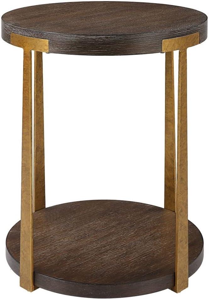 Round Brown Wood and Gold Metal Side Table