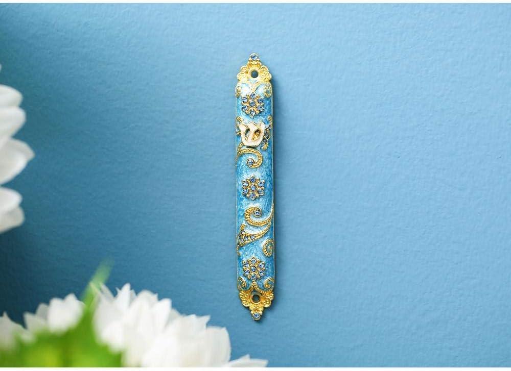 Hand Painted Blue Mezuzah with 24K Gold and Crystals