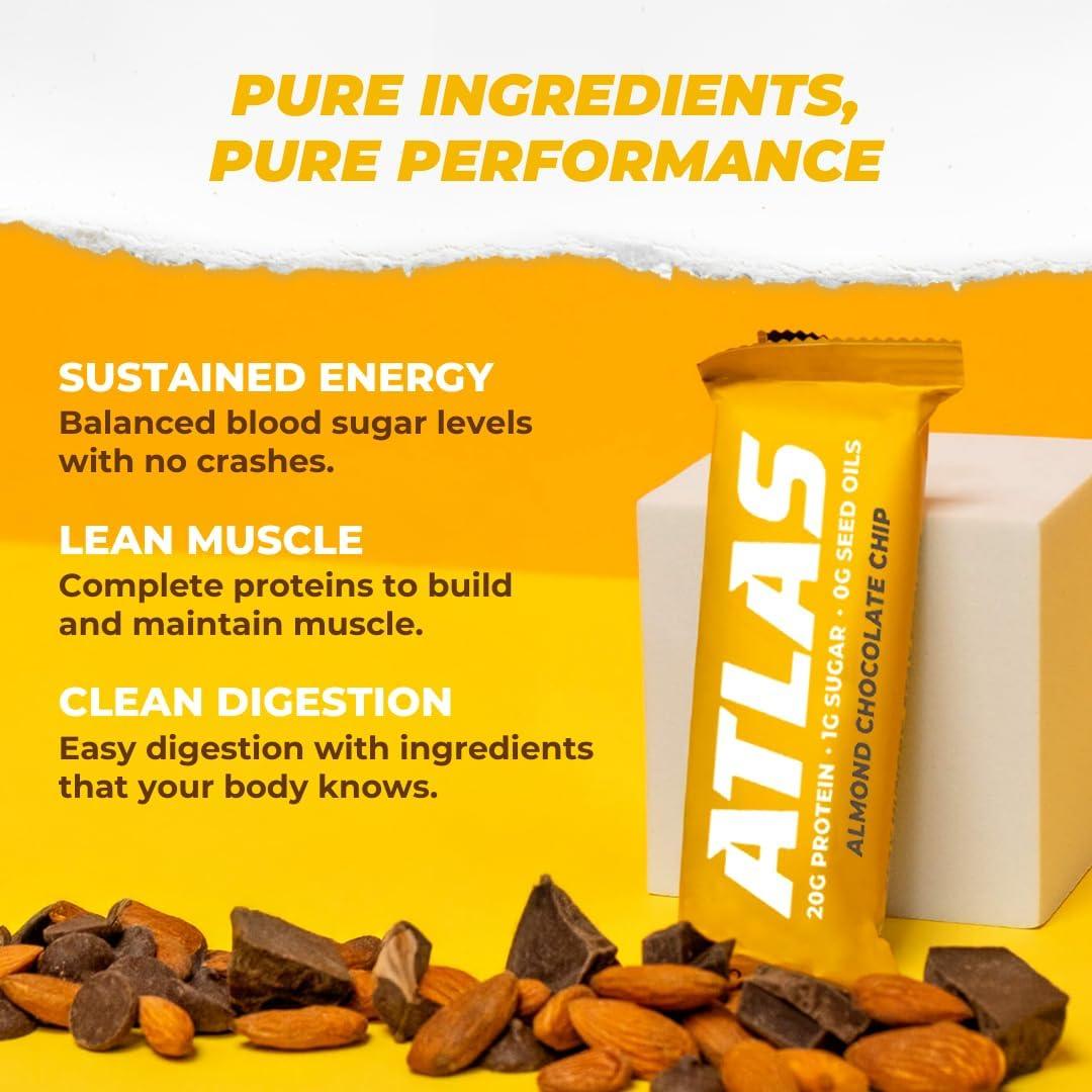 Atlas Bar Grass-Fed Whey Protein Bar, Almond Chocolate Chip, 12 Bars, 1.9 oz (54 g) Each