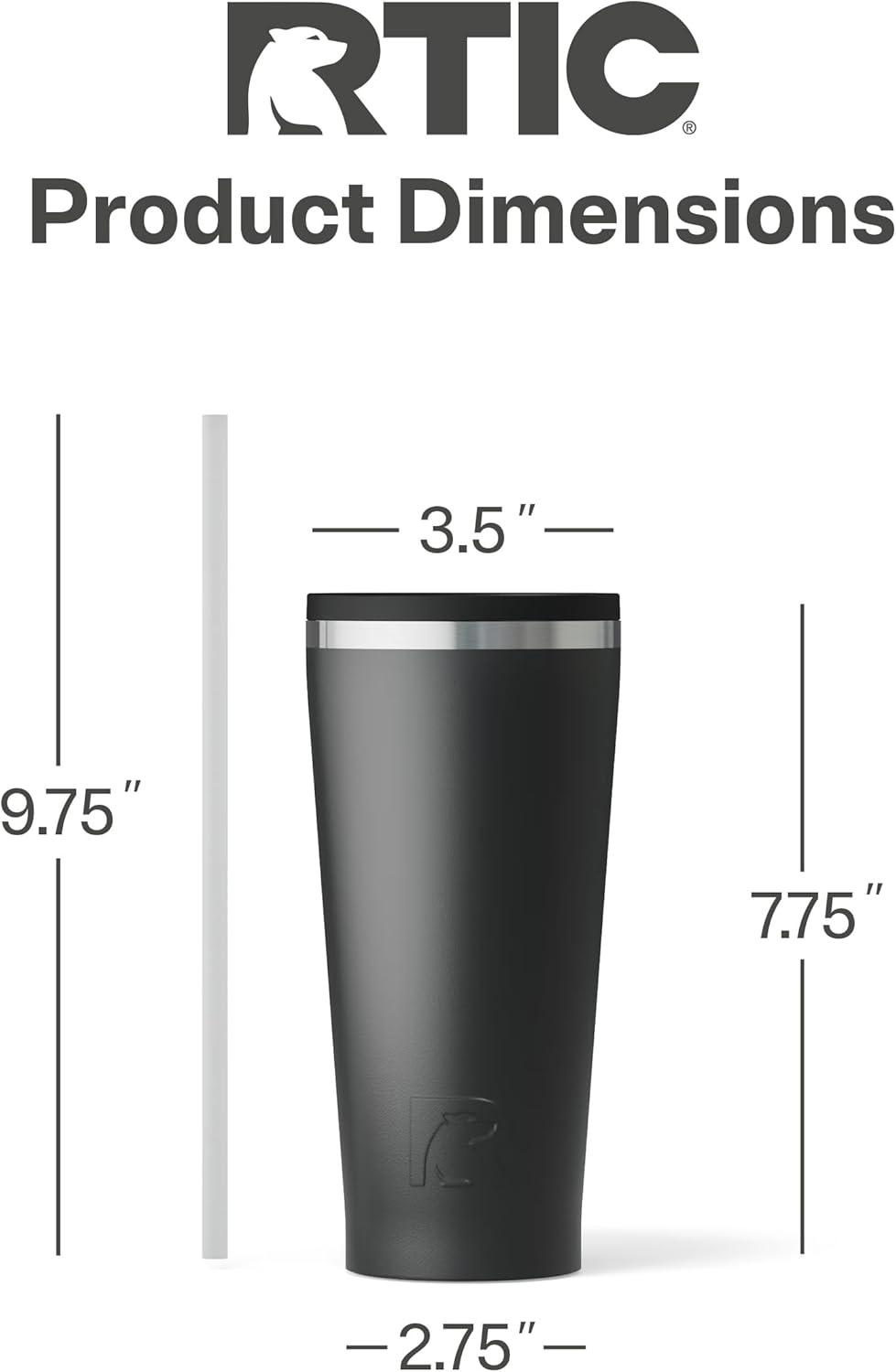 RTIC 20 oz Ceramic Lined Everyday Tumbler, Spill-Resistant Straw Lid, Black