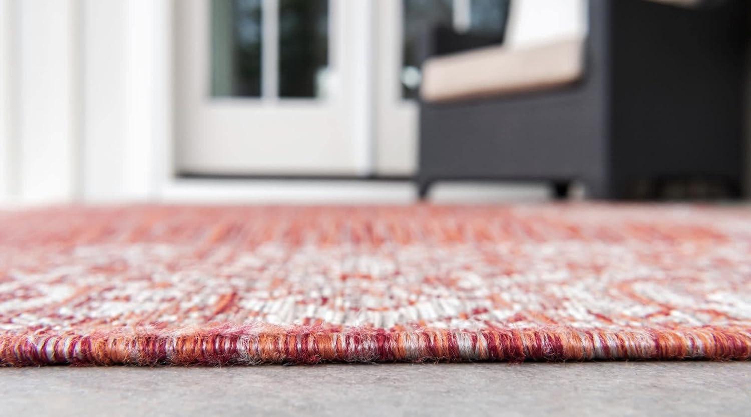 Rust Red Floral Easy-Care Outdoor Synthetic Runner Rug