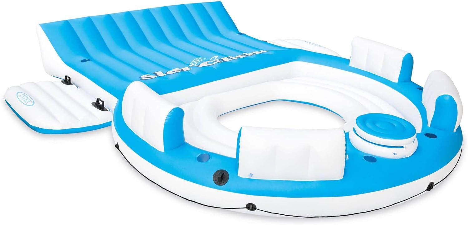 Blue and White 7-Person Inflatable Floating Island with Backrest