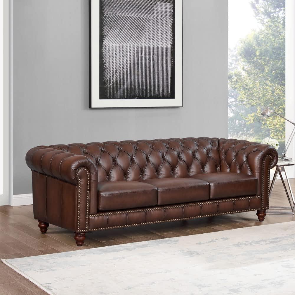 Caramel Brown Leather Chesterfield Sofa with Nailhead Trim