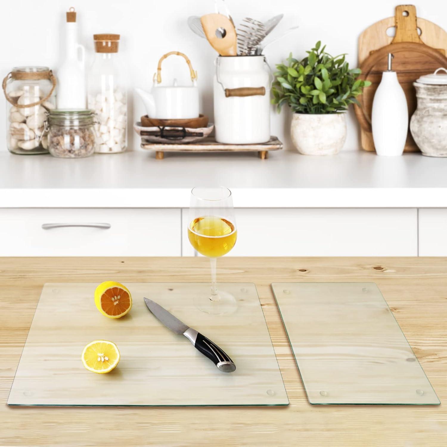 Tempered Glass Cutting Board for Kitchen, Clear Glass Board for Countertop, Heat Resistant, with Non-Slip Feet, 12x16" & 12x8" 2 Pcs Clear