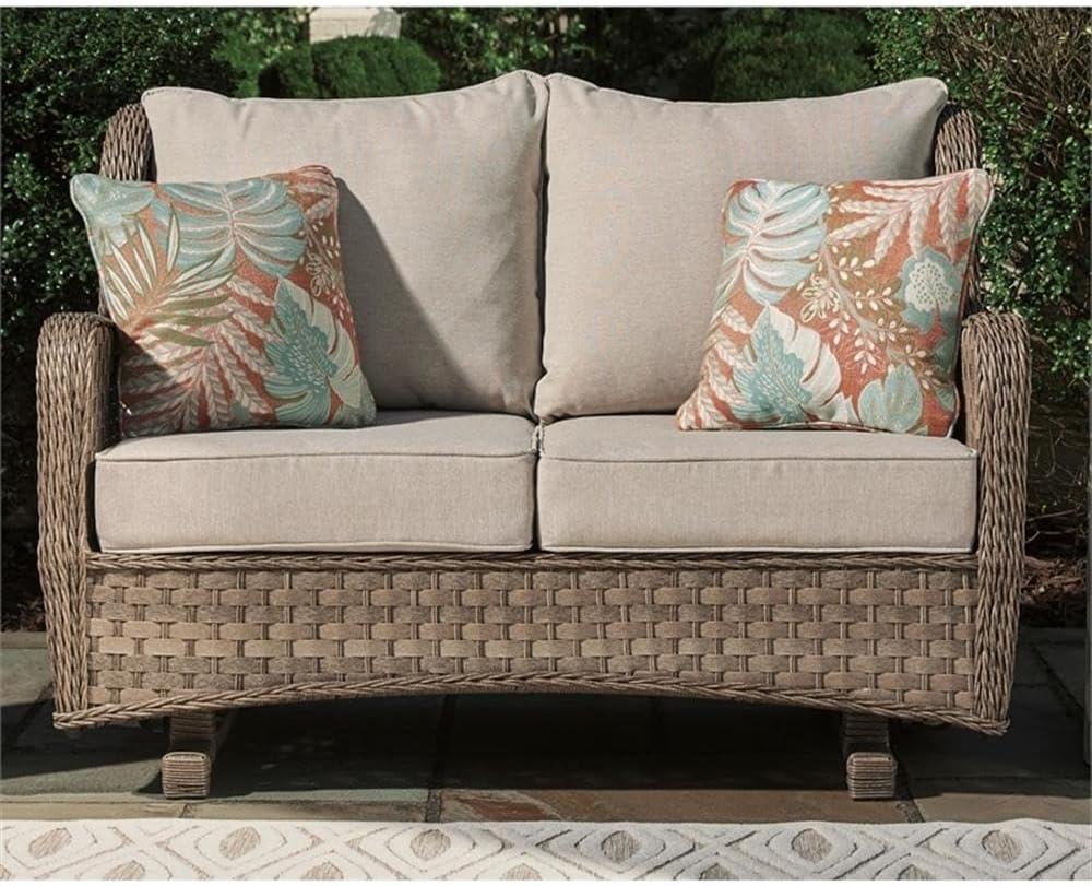 Beige Wicker and Plastic Outdoor Glider Loveseat with Cushions