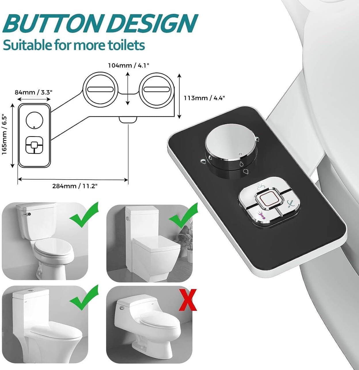 SAMODRA Bidet Attachment, Non-Electric Cold Water Bidet Toilet Seat Attachment with Pressure Controls, Retractable Self-Cleaning Dual Nozzles for Frontal & Rear Wash - Black