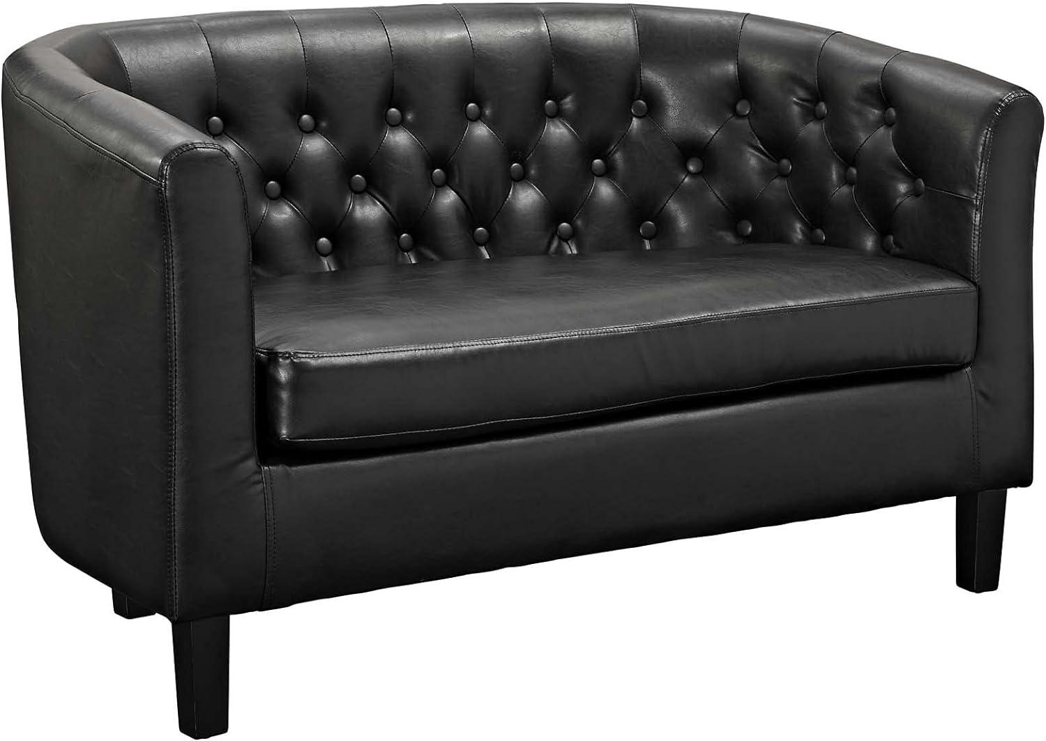 Classic Chesterfield Black Faux Leather Tufted Loveseat with Wood Legs