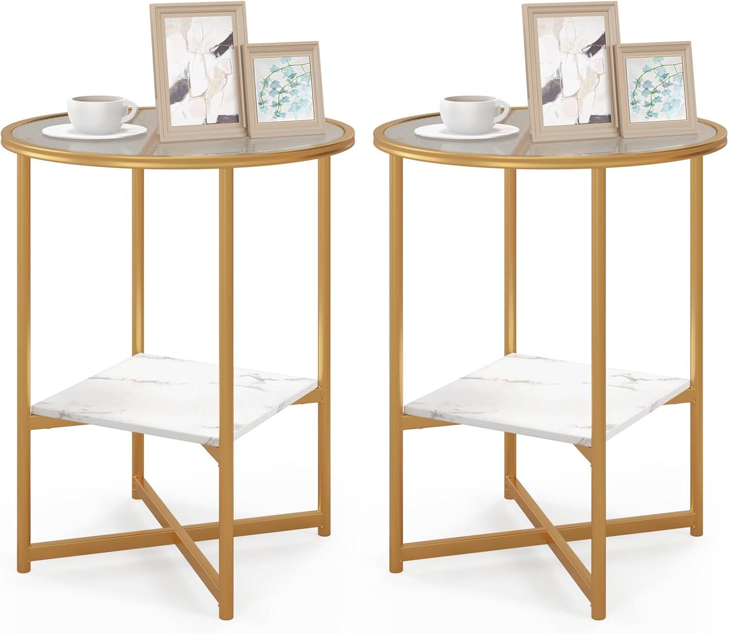 Kepooman End Tables,Side End Table,Nightstand,2-Tier Glass End Table Set of 2 with Faux Marble Storage Shelf-White