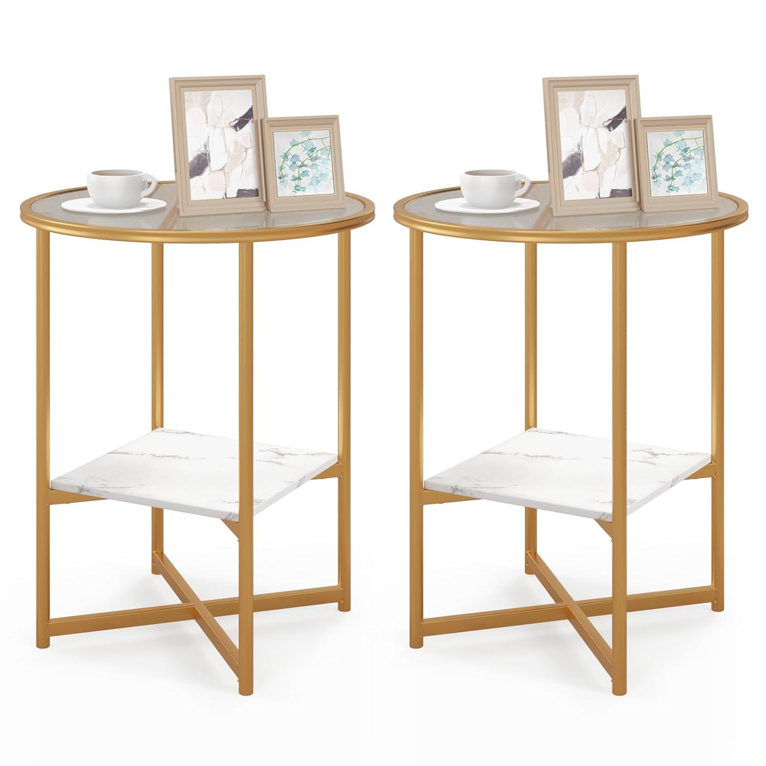 Kepooman End Tables,Side End Table,Nightstand,2-Tier Glass End Table Set of 2 with Faux Marble Storage Shelf-White