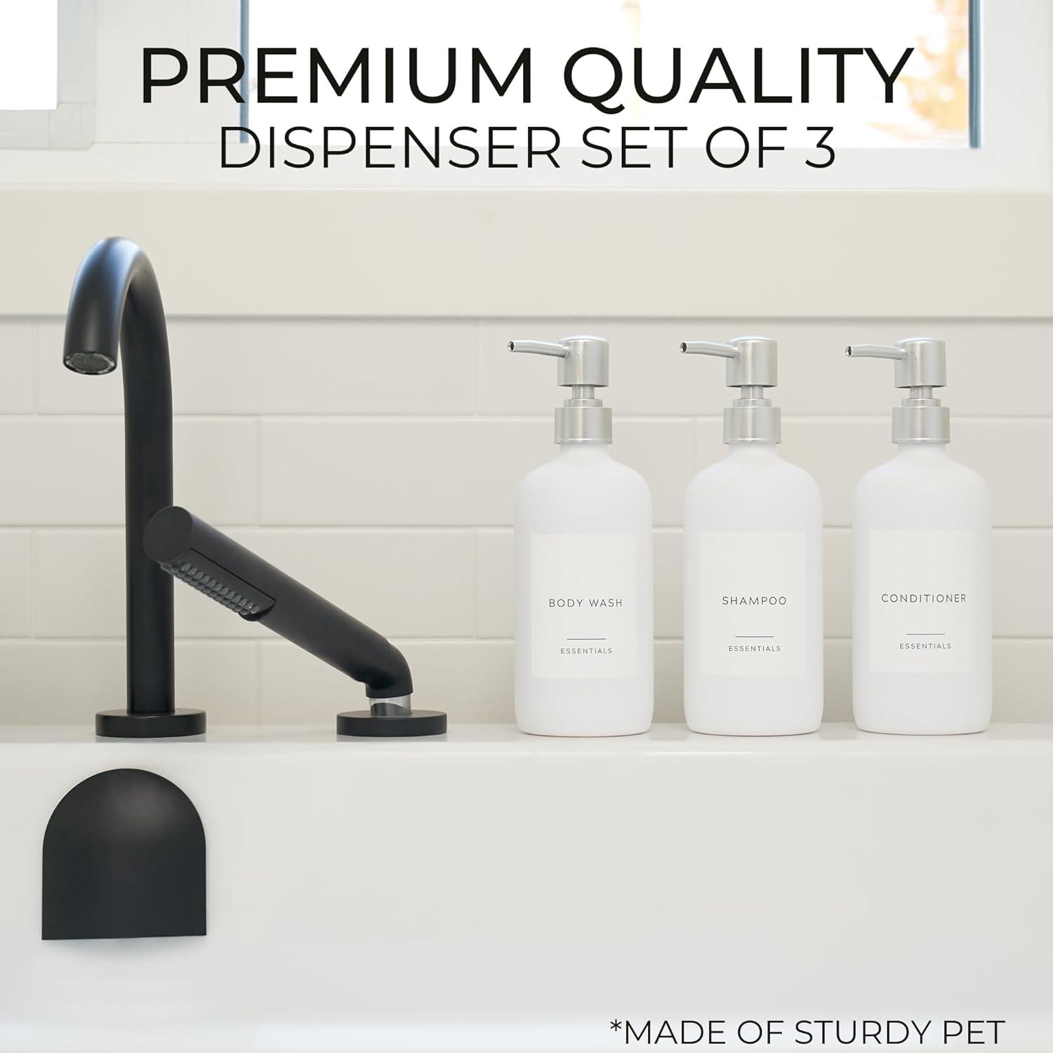Stylish Shampoo and Conditioner Dispenser Set of 3 - Modern 21oz Shower Soap Bottles with Pump and Labels - Easy to Refill Body Wash Dispensers for an Instant Bathroom Decor Upgrade - White C31
