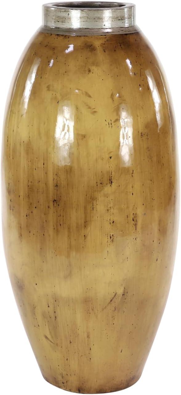 Tall Brown Ceramic Floor Vase with Silver Rim