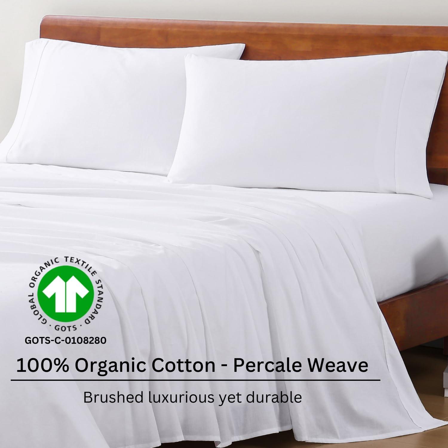 100% Organic Cotton Queen Sheet Set, 4Pc Cotton Sheets Queen Size Bed Set, Soft & Breathable Percale Weave, Deep Pocket Queen Sheets, Hotel-Quality Bed Sheets Queen Size - White Bed Sheets