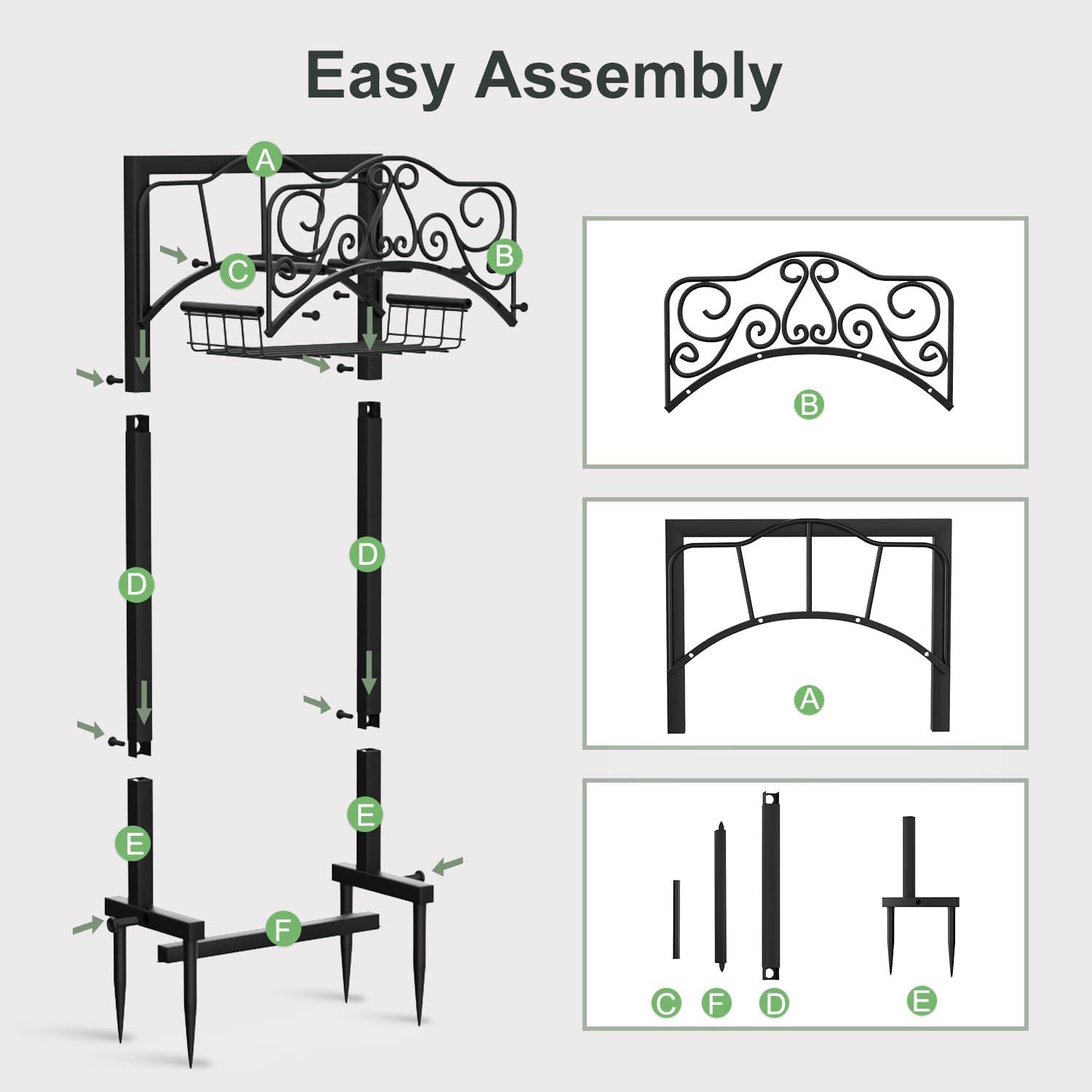 Freestanding Black Metal Garden Hose Holder with 4 Spikes