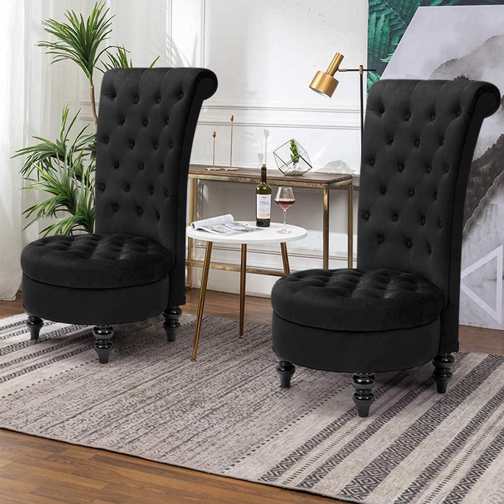 BELLEZE Throne Royal Chair Set of 2, Button-Tufted Accent Chair, Upholstered Velvet Chair, Low Back Armless Chair with Thick Padding and Rubberwood Legs - Malik (Black)