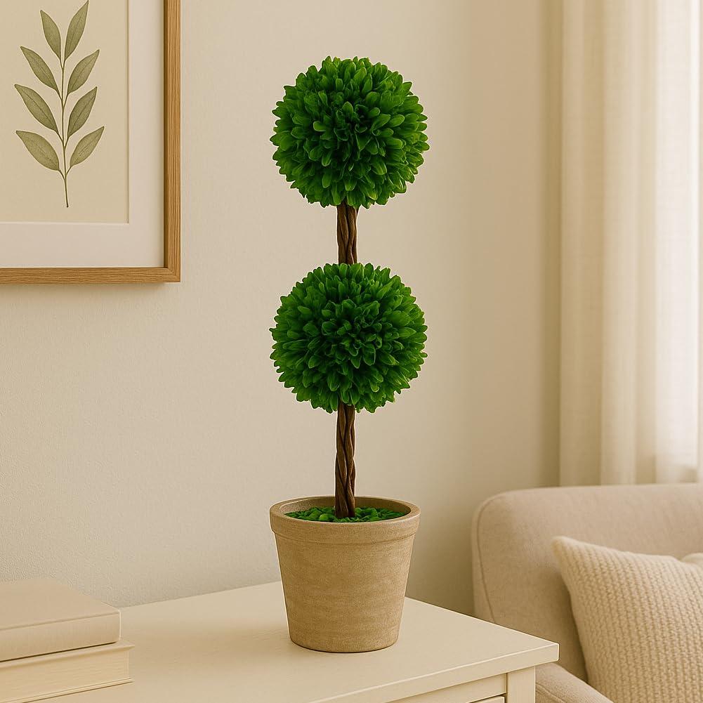 Modern Home 27" Real Preserved Boxwood Topiary Plant – Double Ball Faux Greenery in Rustic Pot – Indoor Outdoor Decorative Potted Plant for Home, Office, Porch, Patio, or Event Décor