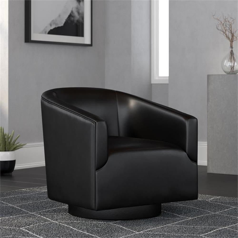 Comfort Pointe Gaven Wood Base Swivel Accent Chair Midnight Blue: Durable Faux Leather, 360° Swivel, No-Sag Springs