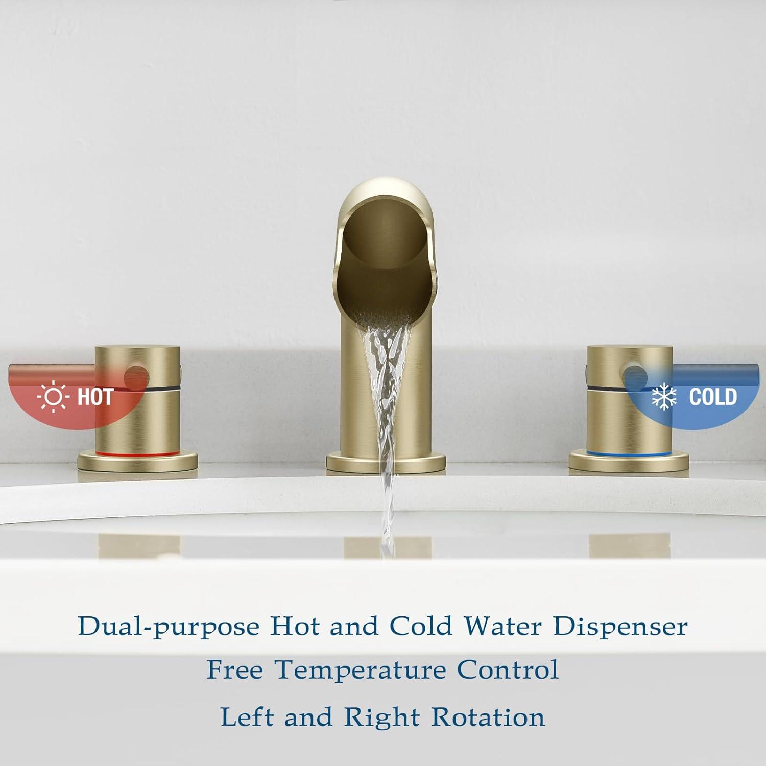 Qomolangma Waterfall Bathroom Faucets 3 Holes 2 Handles - Brushed Gold Bathroom Sink Faucets Widespread with Pop Up Drain, Lavatory Mixer Tap for Bathroom Sink RV Vessel Basin