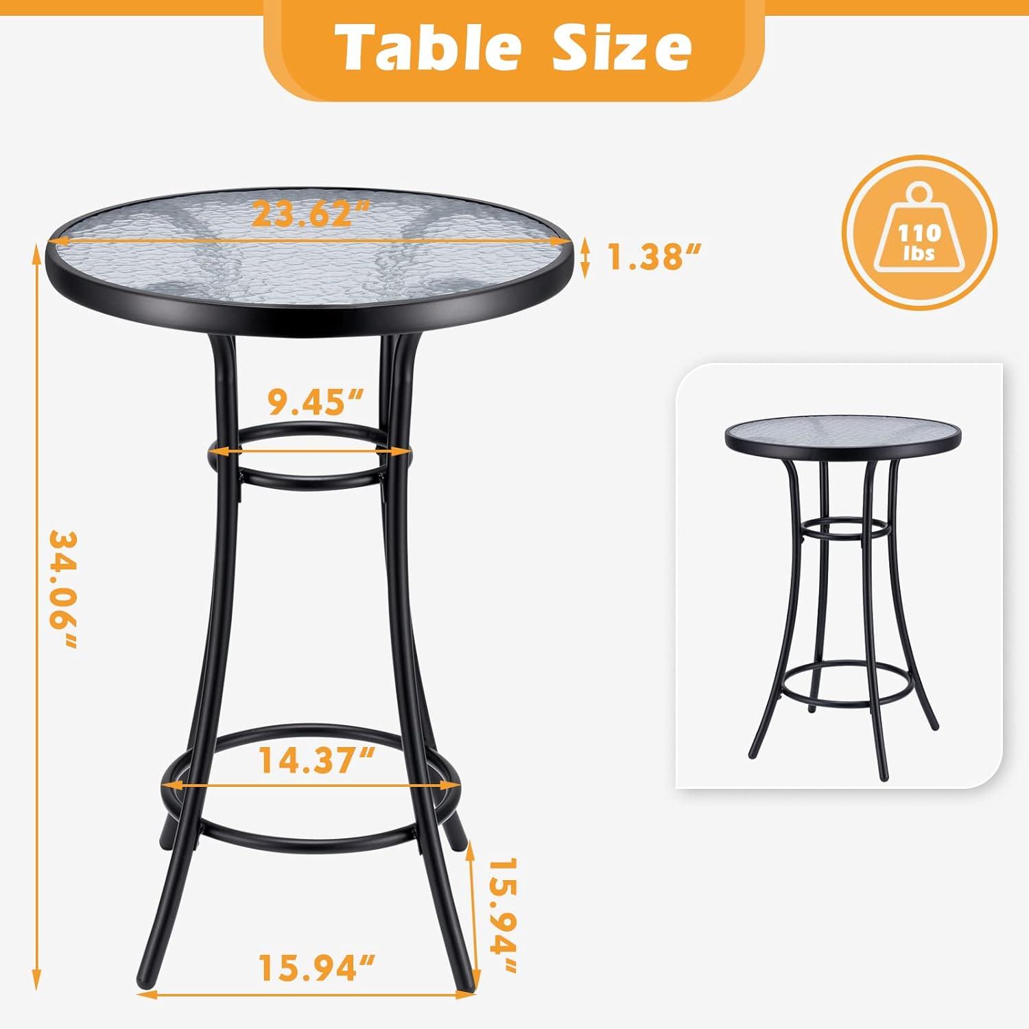 Bar Height Patio Glass Table, 2-Tier High Top Outdoor Metal All-Weather Round Bistro Table With Tempered Glass Top for Balcony Backyard Pool, Black