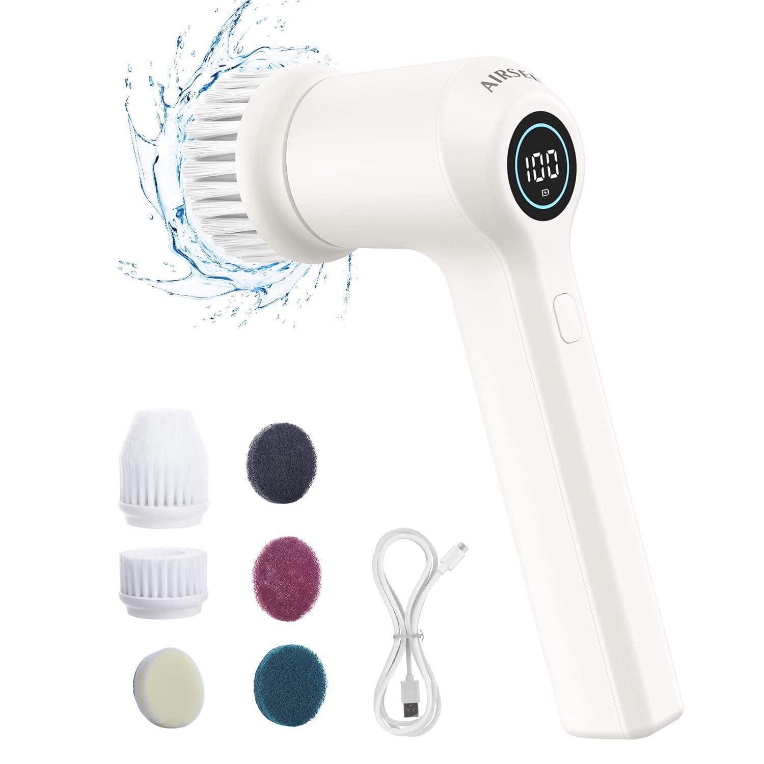 AIRSEE Cordless Electric Spin Scrubber, Handheld Power Shower Cleaner Brush, 2 speeds, 6 Replaceable Brush Heads for Cleaning Floor, Window, Bathroom, Kitchen, for Elderly & Busy Family