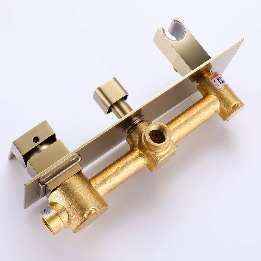 Wall Mounted Tub Filler with hand shower, Two Handles Brushed Gold Waterfall Bathtub Faucet with Rough-in Valve