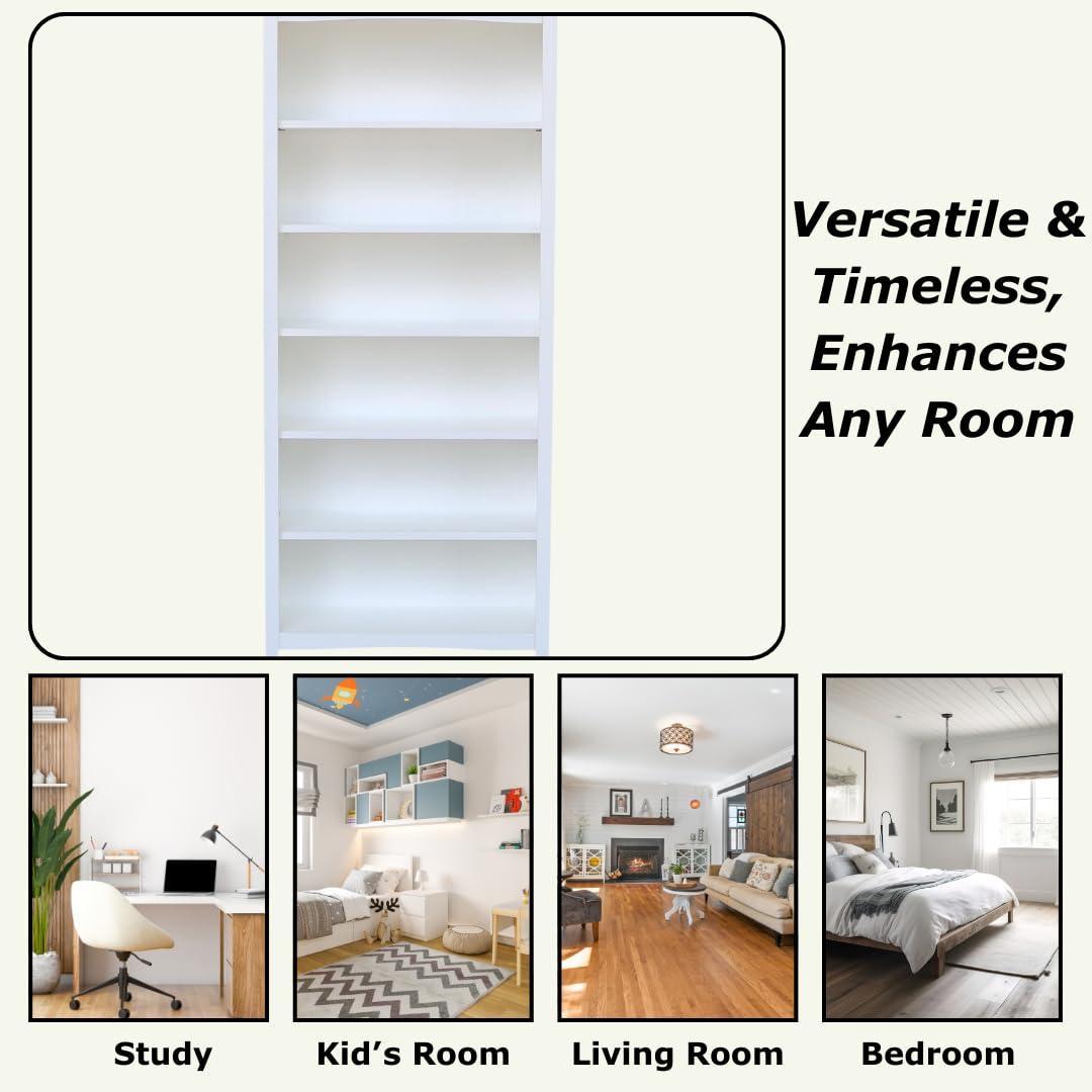72" Shaker Bookshelf White - International Concepts: Solid Wood, 5 Fixed & Adjustable Shelves
