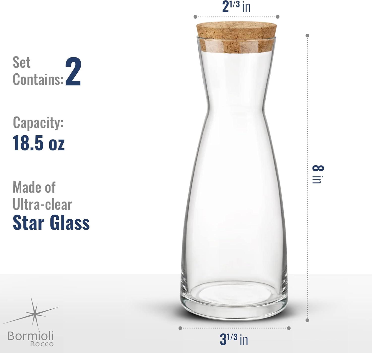 Bormioli Rocco Set Of 2 Ypsilon Carafe With Natural Cork Top Lid, 18.5 Oz. Star Glass Pitcher