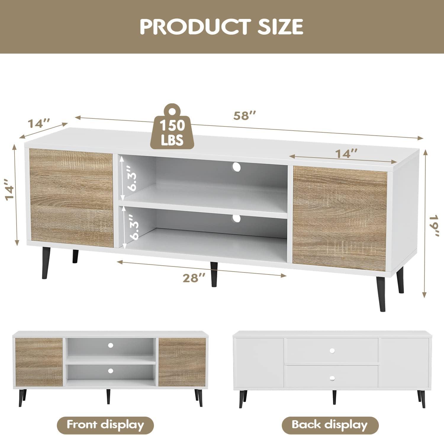 TV Stand, 58 Inch Entertainment Center with 2 Doors and 2 Storage Cabinets for TV up to 65 inch, TV Console Table for Living Room, Bedroom, Office (White and Oak)