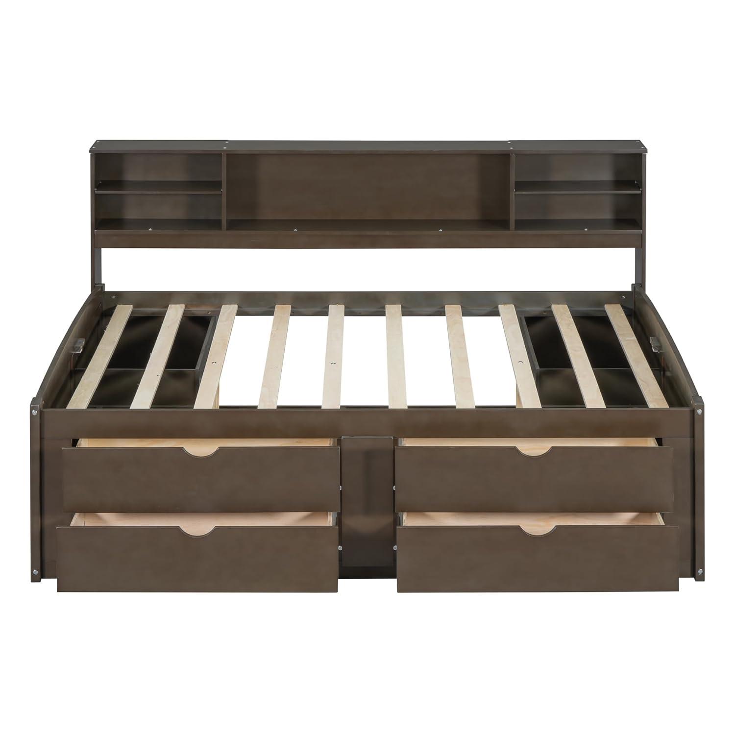 Harper & Bright Designs Full Size Storage Daybed with 4 Drawers, Bookcase and 2 Bedside Cabinets, Solid Wood Full Captain’s Bed Frame for Kids Teens Adults, No Box Spring Needed (Antique Brown)