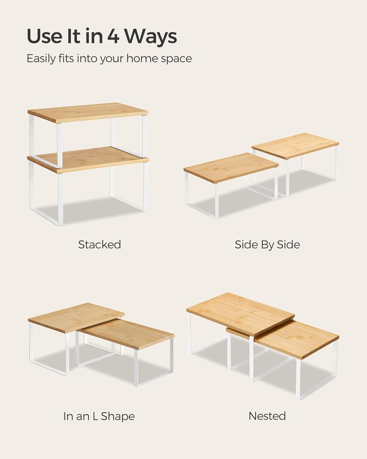 SONGMICS 4 Pack Cabinet Organizer Shelf, Kitchen Counter Shelves, Kitchen Storage, Spice Rack, Stackable, Expandable, Metal and Engineered Wood, Cloud White and Natural Beige