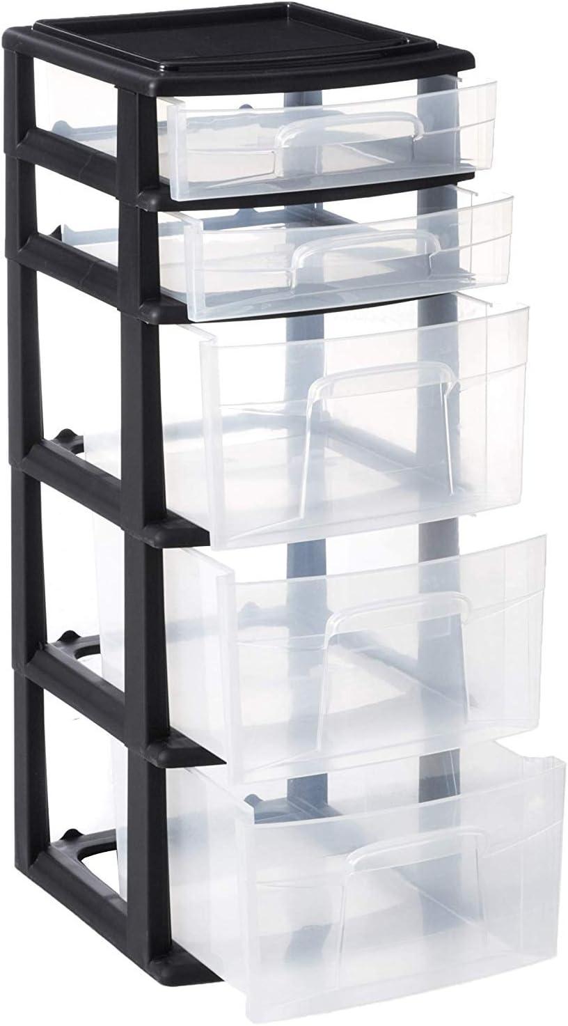 GHF Plastic 5 Clear Drawer Medium Home Organization Storage Container Tower with 3 Large Drawers and 2 Small Drawers, Black Frame