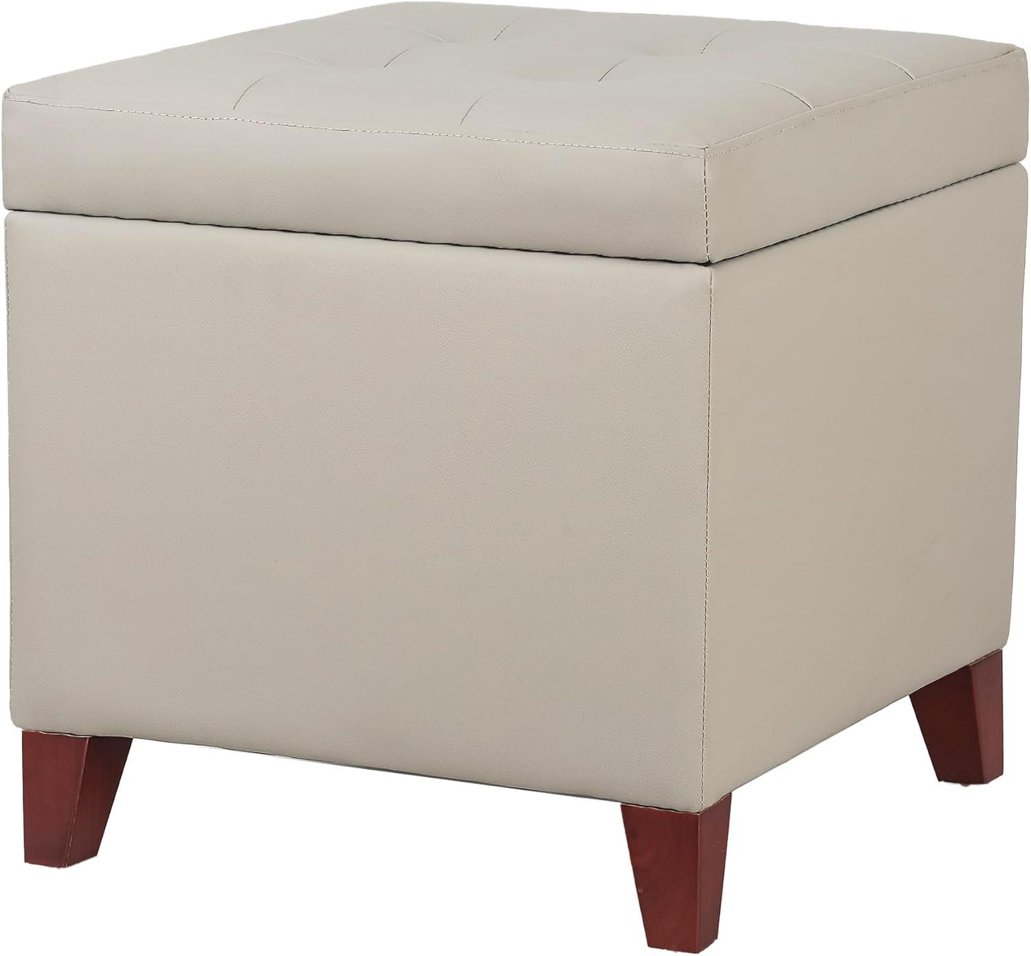 Elephant Grey Faux Leather Tufted Storage Ottoman with Cherry Wood Legs