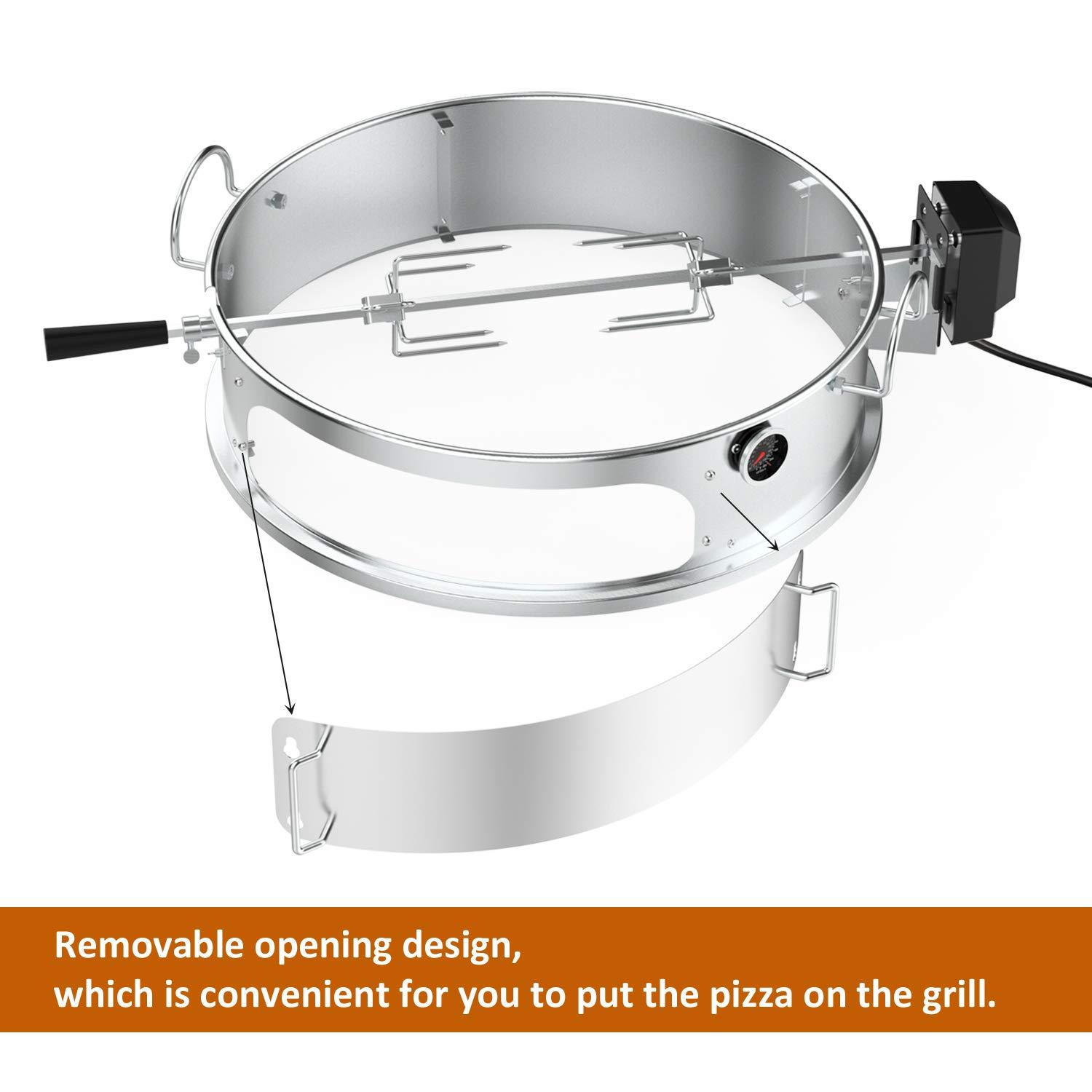 onlyfire Stainless Steel Multi-purpose Rotisserie and Pizza Combo Kit for Weber 22-Inch Kettle Charcoal Grills - Include Pizza Peel and Pizza Stone