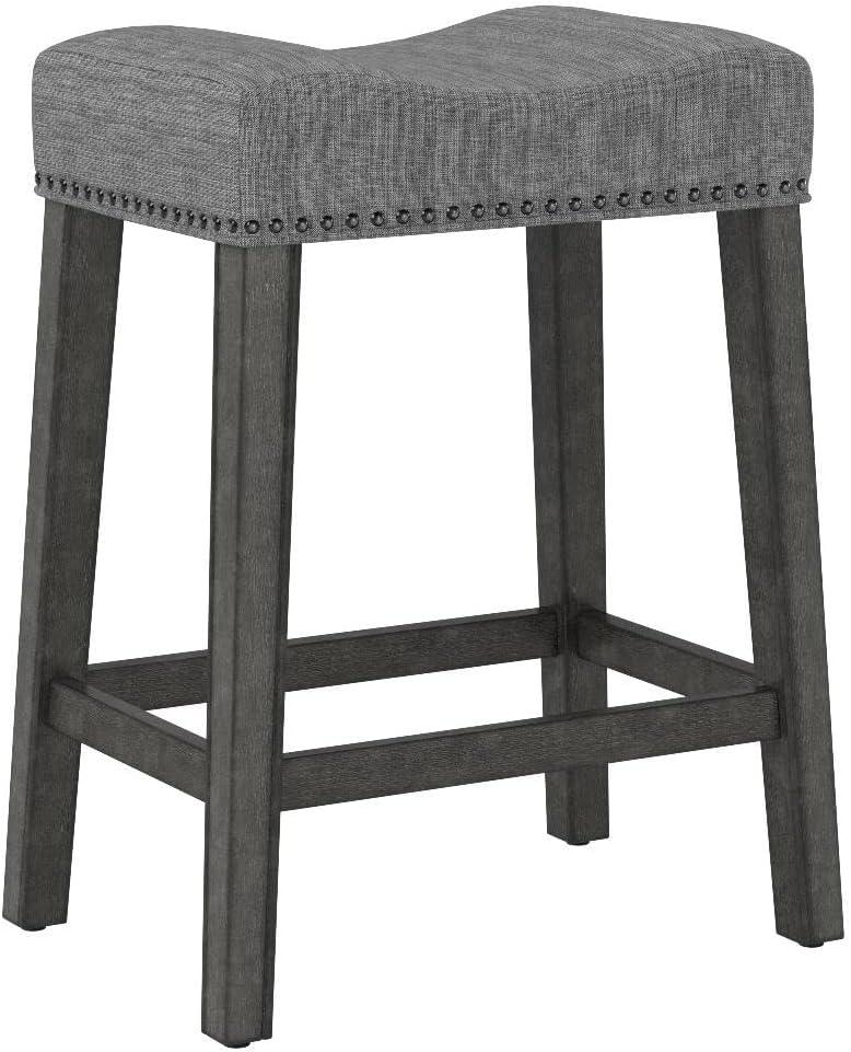 Roundhill Furniture CoCo 25.5" Counter Height Saddle Stool, Gray Fabric, Solid Rubberwood, Set of 2