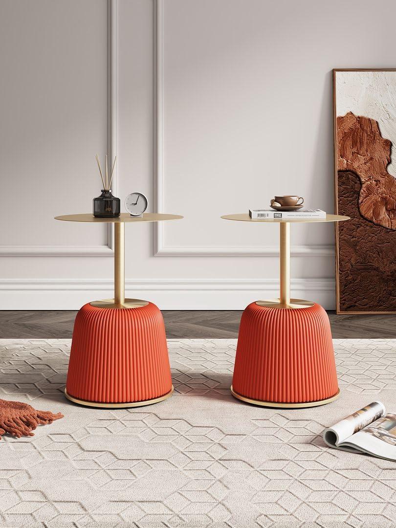 Manhattan Comfort Set of 2 Anderson Leatherette Upholstered End Tables with Gold Tabletop Orange: Round, No Assembly, Stainless Steel Frame