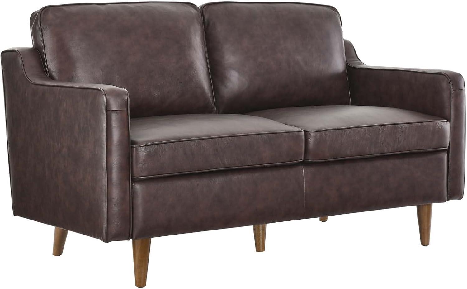 Mid-Century Modern Sloped-Arm Brown Leather Loveseat