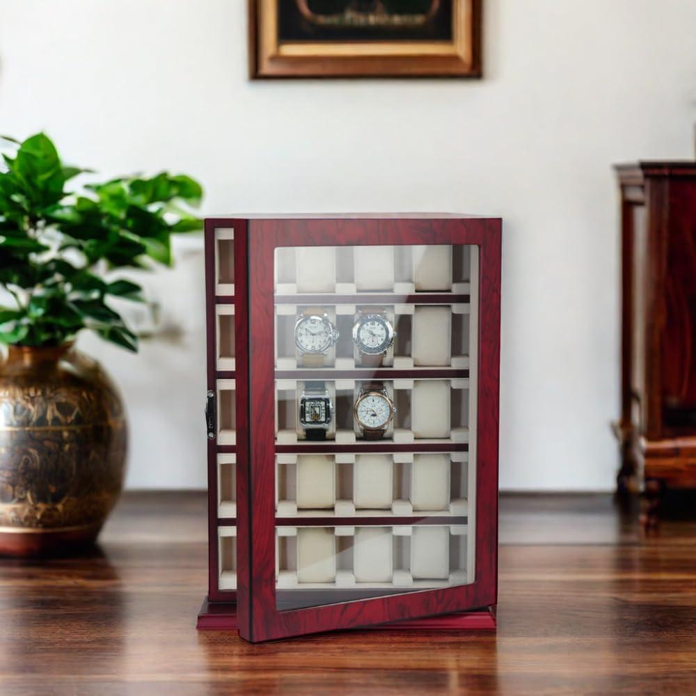 Cherry Wood 30-Slot Wall Mounted Watch Display Case