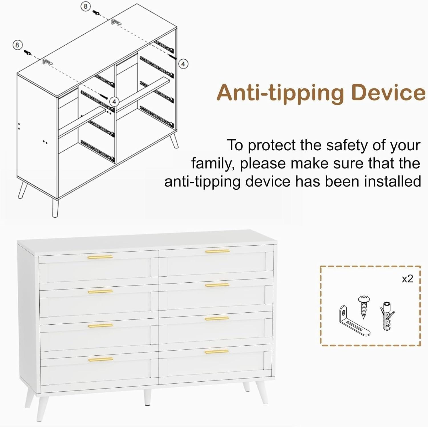 Rovaurx 8 Drawer Double Dresser Chest, Bedroom Chest of Dressers, Beside Table, White