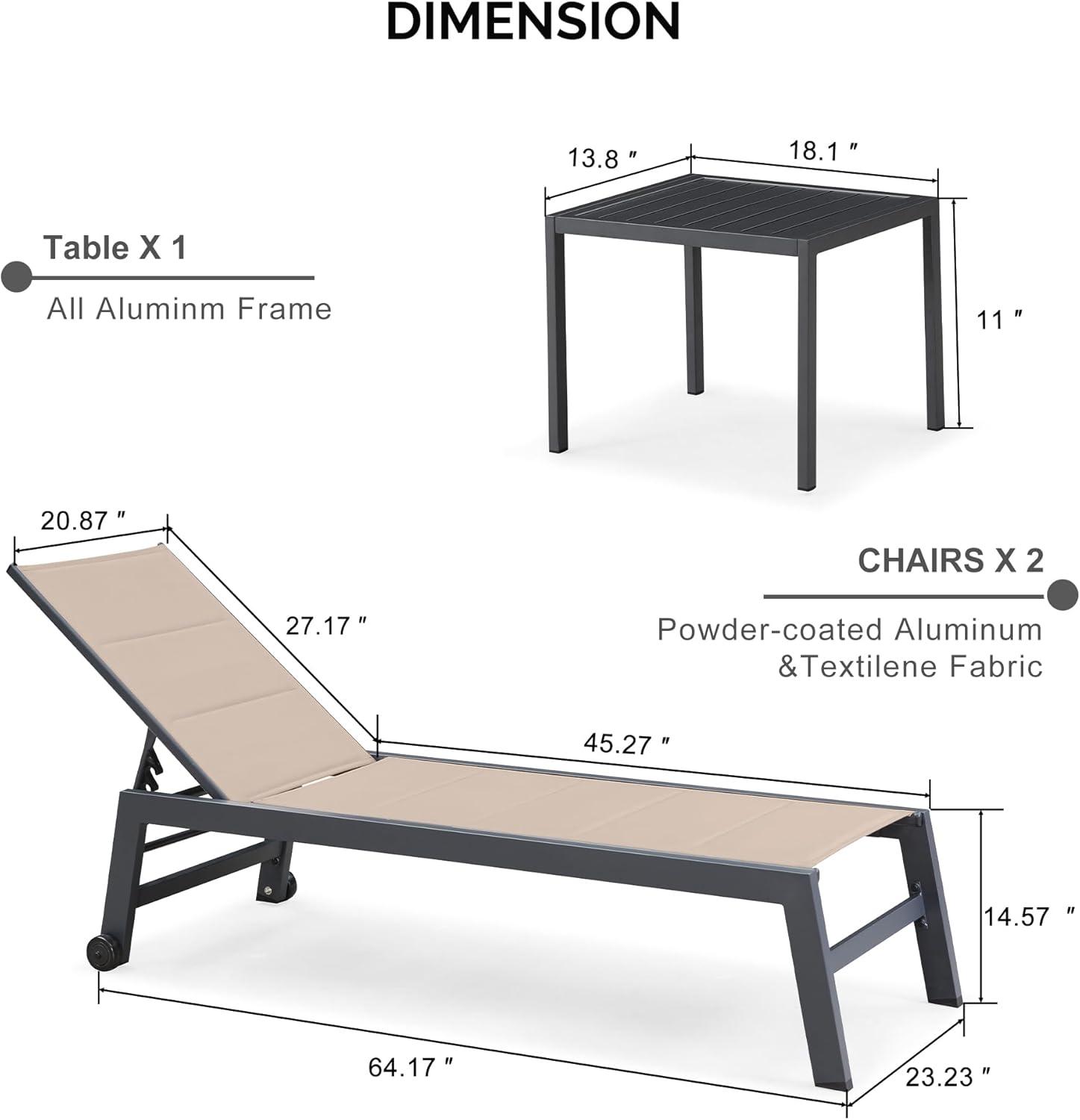 PURPLE LEAF Outdoor Chaise Lounge with Wheels for Outside 2 Pieces Aluminum Patio Lounge Chair with 5 Adjustable Position Recliner for Patio, Beach, Yard, Pool, Side Table Included, Beige