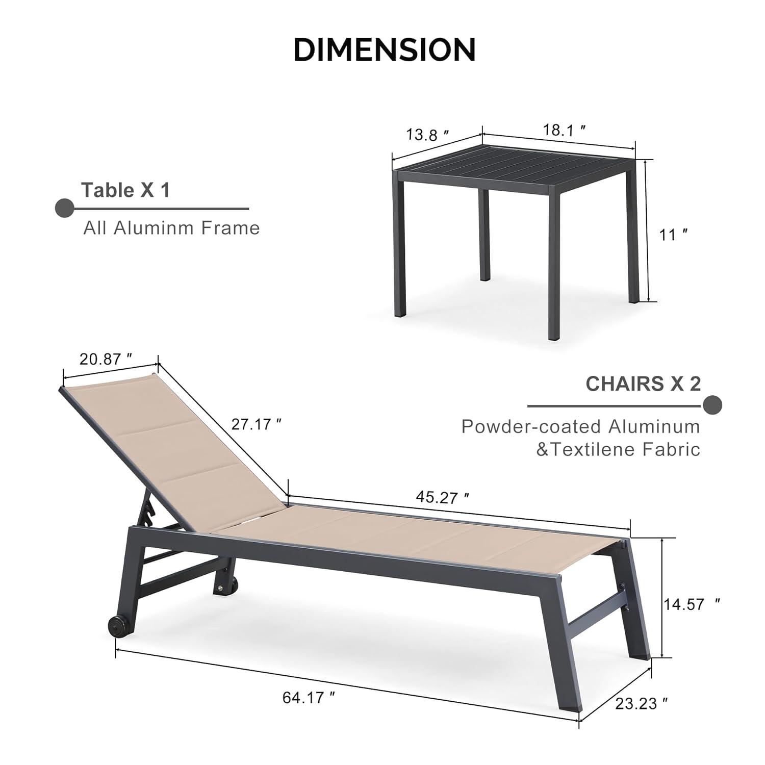 PURPLE LEAF Outdoor Chaise Lounge with Wheels for Outside 2 Pieces Aluminum Patio Lounge Chair with 5 Adjustable Position Recliner for Patio, Beach, Yard, Pool, Side Table Included, Beige