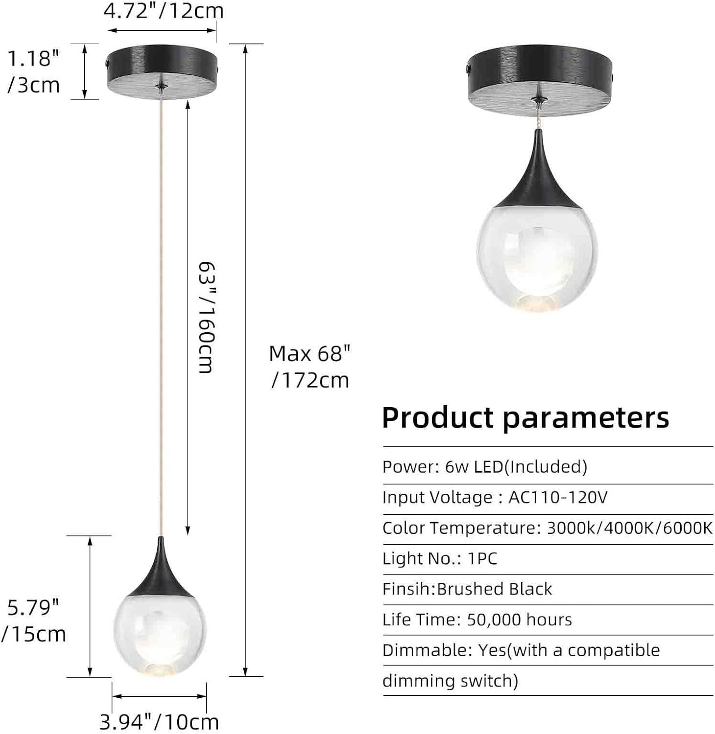 JoollySun Crystal LED Pendant Light: Black Modern Mini Light Fixtures Ceiling Hanging for Kitchen Island Bathroom