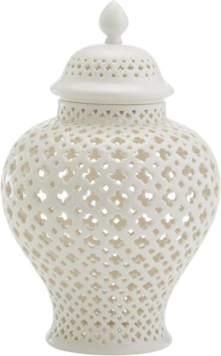 SLGHLSAHG Traditional Pierced Ginger Jar with Lid, Carved Lattice Decorative Temple Jar Ceramic Ginger Jars for Home Decor , white A28769