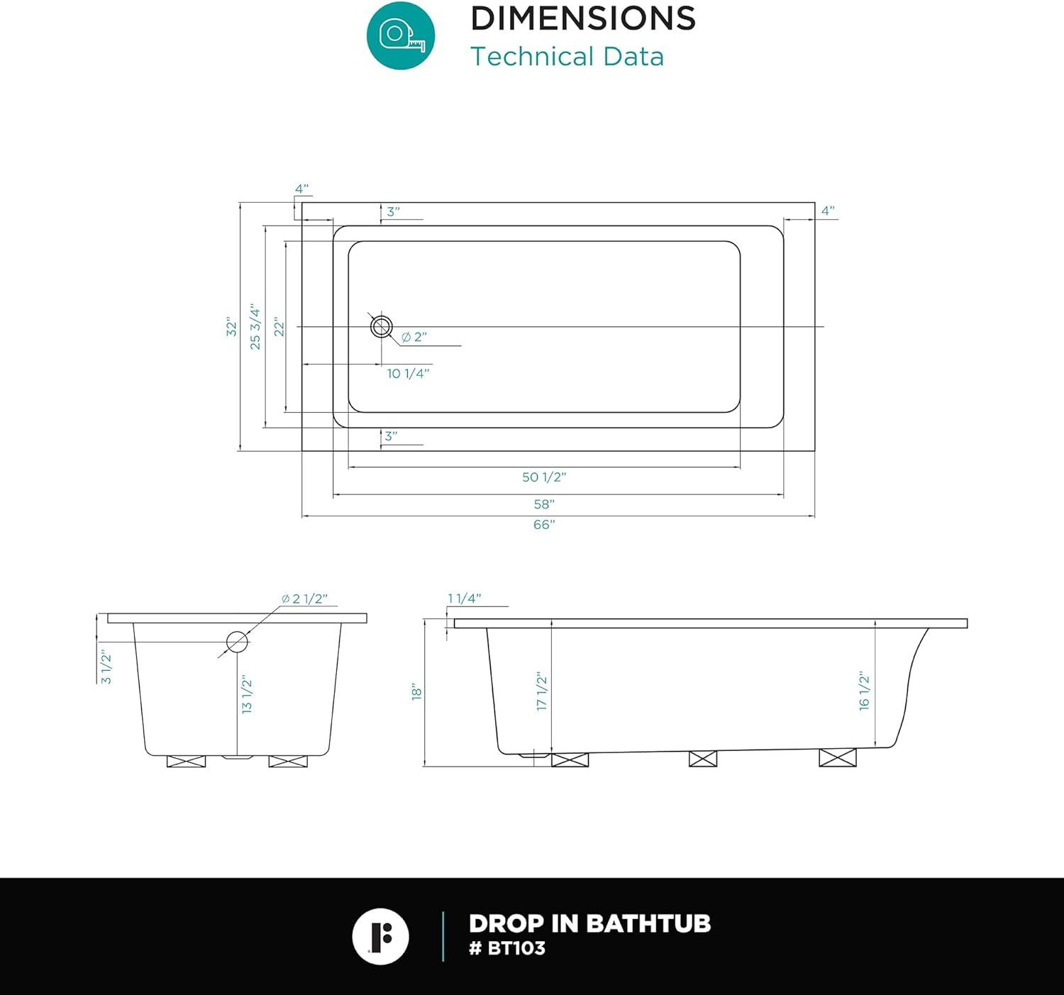 Alcove 66" x 32" Soaking Fiberglass Bathtub