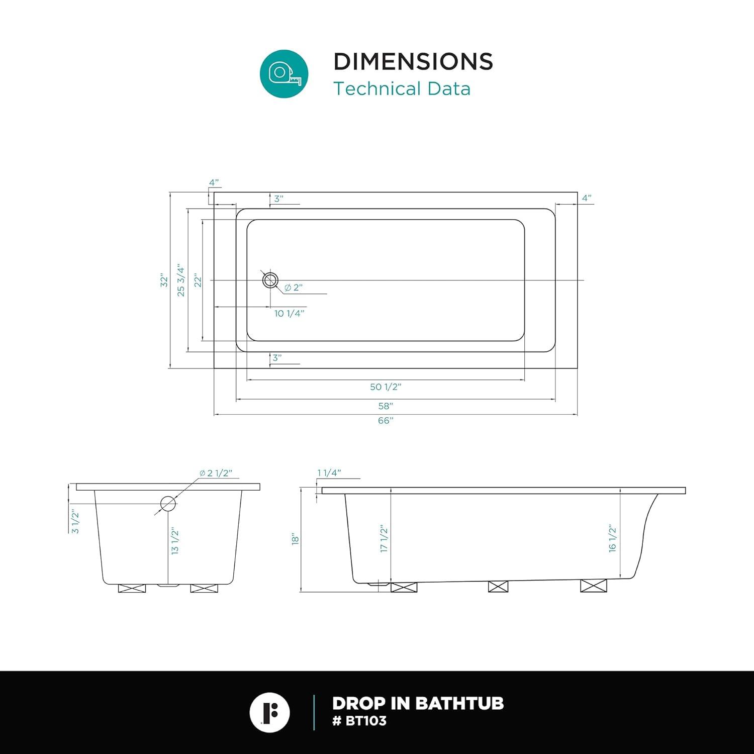 Alcove 66" x 32" Soaking Fiberglass Bathtub
