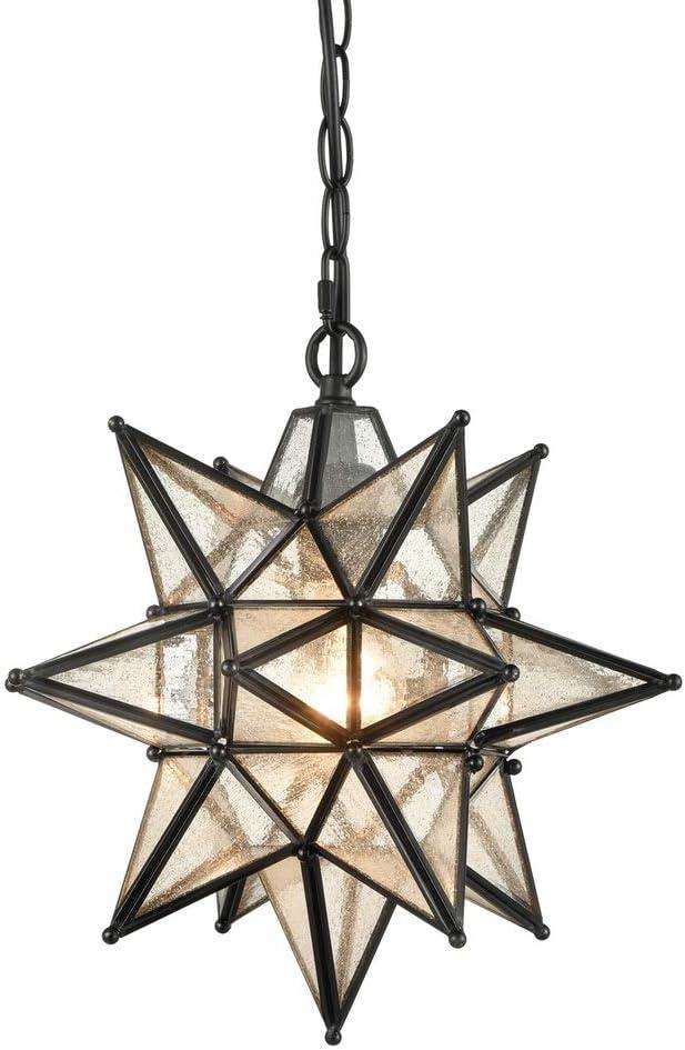 Geometric Black Star Pendant Light with Seeded Glass Shade