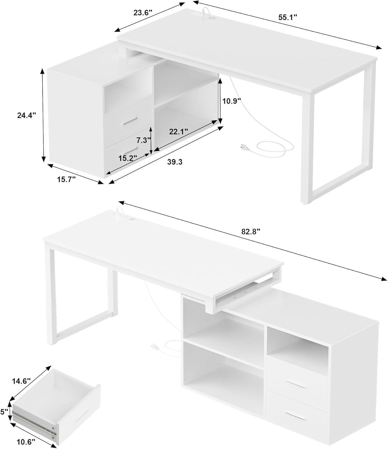 Furmax 55 Inch L-Shaped Corner Computer Desk with File Cabinet, Power Outlet, Home Office Desk with 2 Drawers and 3 Storage Shelve, Workstation Executive Desk with Storage Shelf for Home Office, White