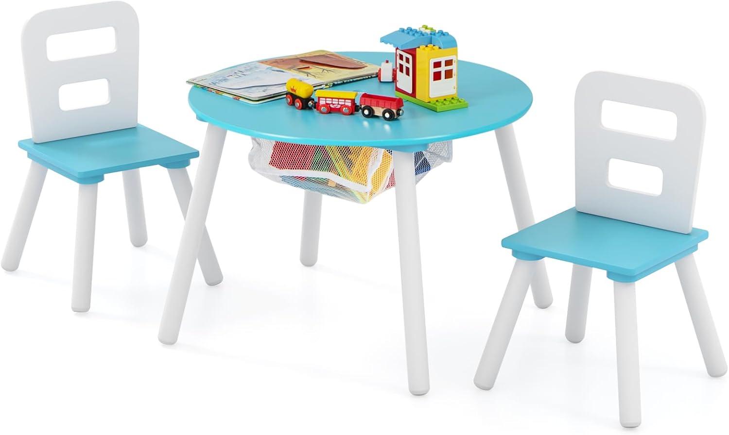 INDSUMOT Kids Table and Chair Set, Wooden Children Activity Table and 2 Chairs for Art & Craft, Storage Mesh Basket, 3-Piece Toddler Furniture Set for Daycare & Playroom, Gift for Boys Girls(Blue)
