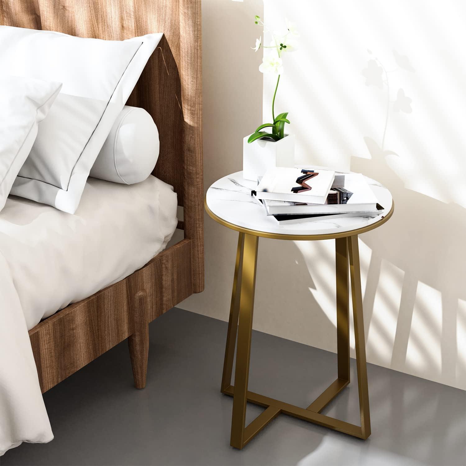 Round Small End Table White Marble Texture MDF Top,Metal Frame Gold Color, Tall Coffee Tea End Table for Bed Room, Living Room (White Marble+Gold)