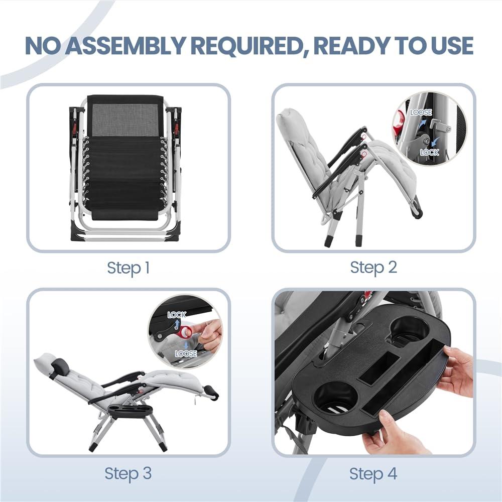 Yaheetech Zero Gravity Chair, Folding Reclining Lounge Recliner with Removable Pad & Headrest & Side Cup Holder Tray for Indoor and Outdoor Gray/2