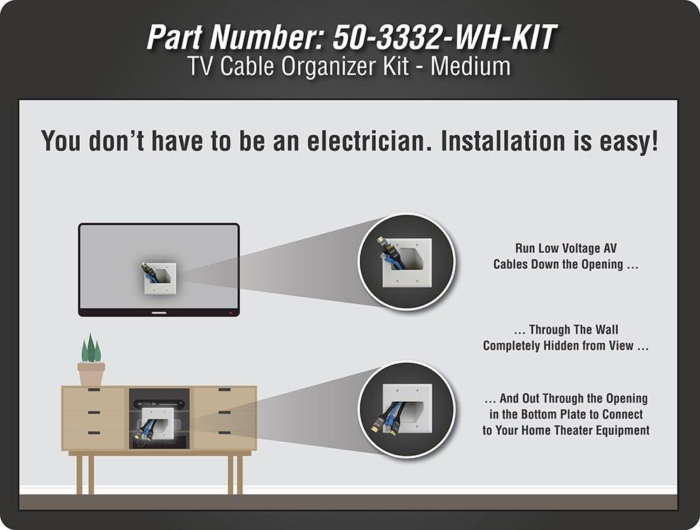 DATA COMM Electronics 50-3332-WH-KIT Flat Panel Cable Organizer Kit, Wall Plate Cable Pass Through, Conceals Low Voltage Wires Behind Mounted TV, Home Theater, Cord Hider Management, White